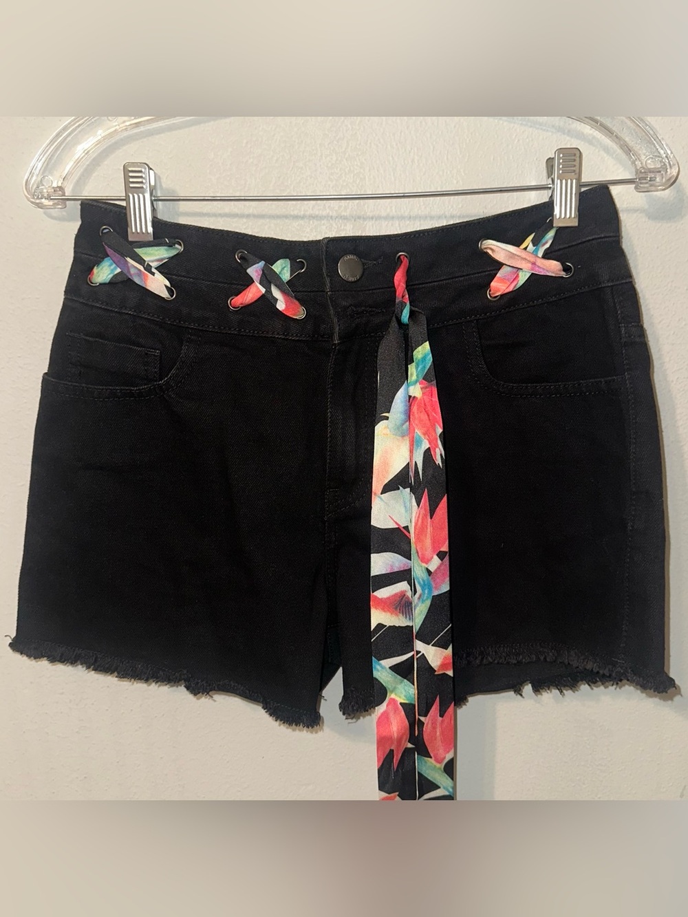 Amisu Black Denim Shorts with Floral Tie Waist